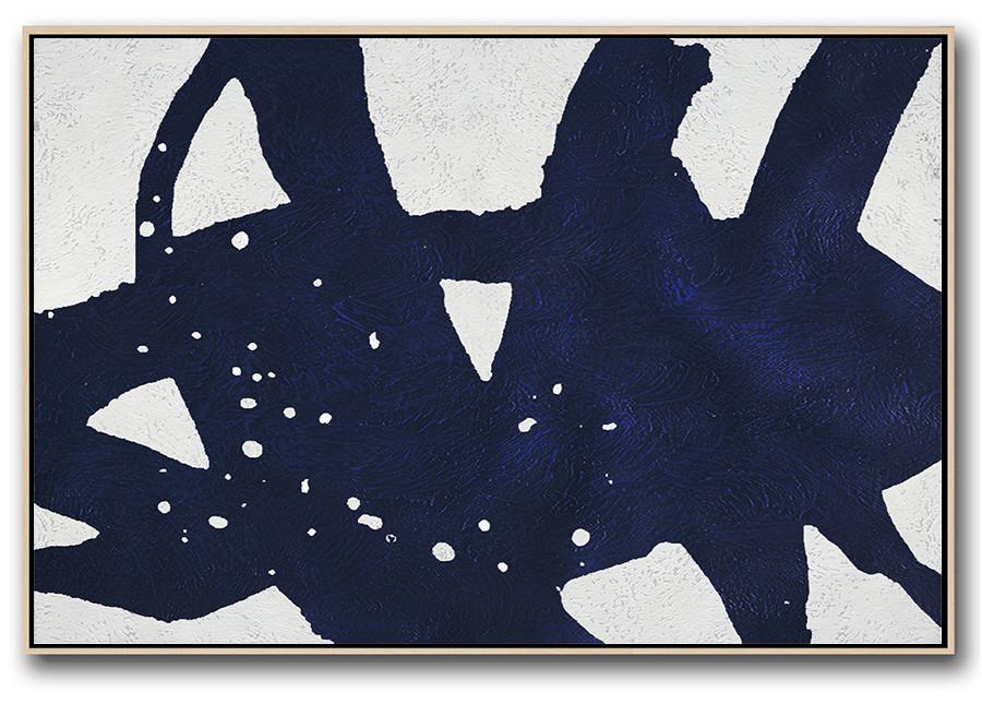 Horizontal Abstract Painting Navy Blue Minimalist Painting On Canvas - Portrait Canvas Wall Art Extra Large